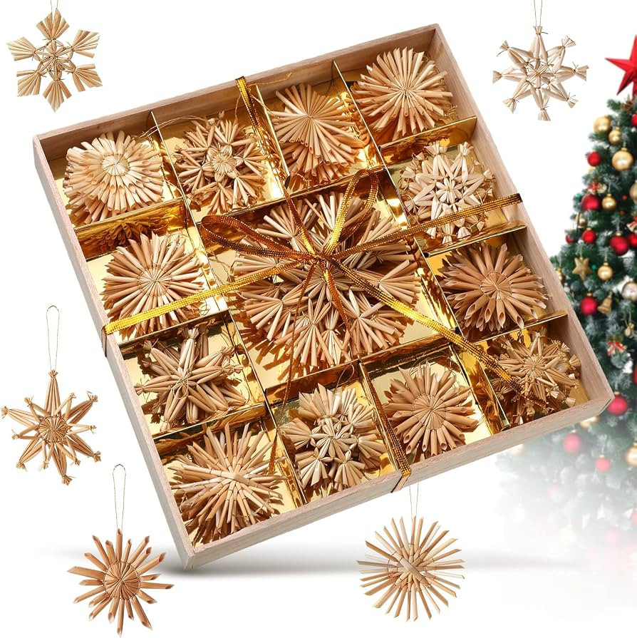 48 Pcs Straw Ornaments Set Scandinavian Christmas Decorations Including Stars Snowflakes Hearts A... | Amazon (US)