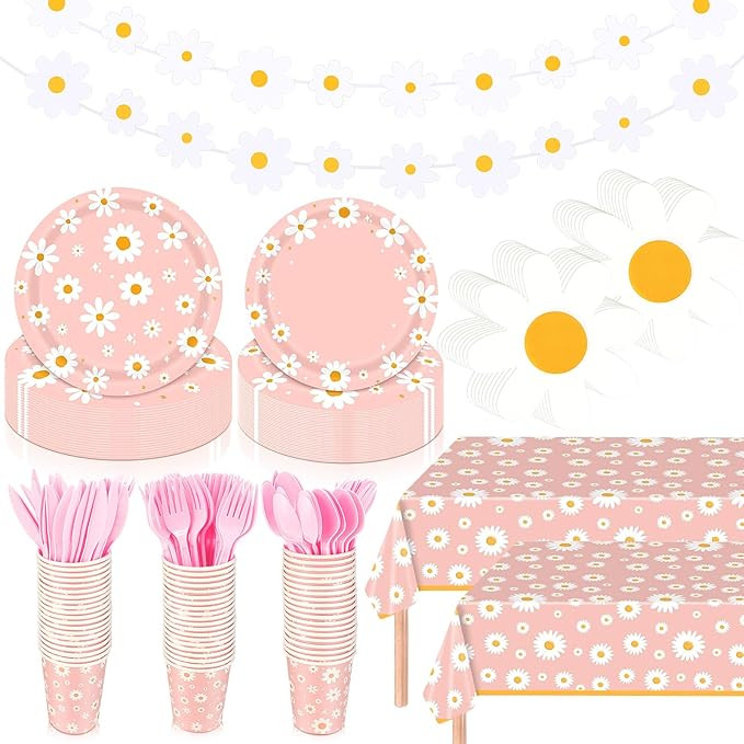 Domensi 214 Pcs Daisy Party Supplies Set Includes Daisy Paper Plates and Napkins, Cups, Cutlery, ... | Amazon (US)