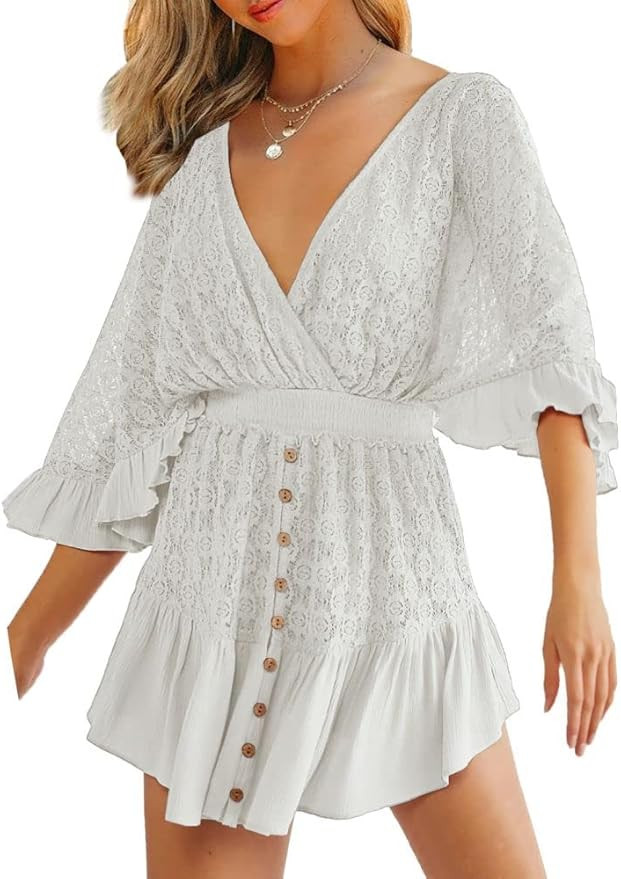 Aoysky Womens V Neck Beach Rompers Dresses Short Loose Ruffle Sleeve Jumpsuit Lace Casual Mini Ov... | Amazon (US)