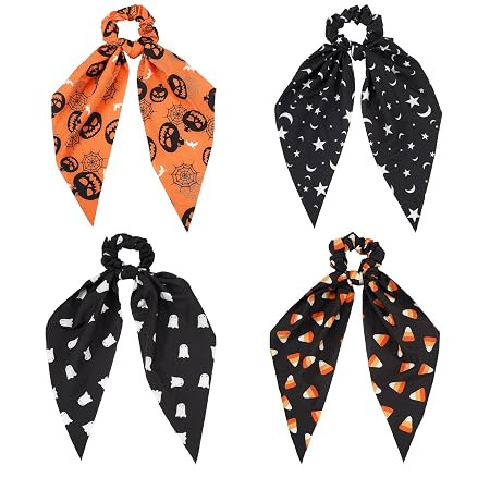 4PCS Halloween Hair Scarf Scrunchies Pumpkin Ghost Elastic Hair Ties Ponytail Holders for Women | Amazon (US)
