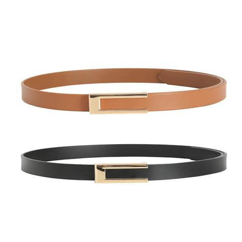 Ssumday 2 Pack Women's Girl Female Ladies Black Brwon Waist Leather Skinny Belts for Jeans Pants Dress Dresses with Fashion Golden Buckle(CFXHZ-S) | Amazon (US)