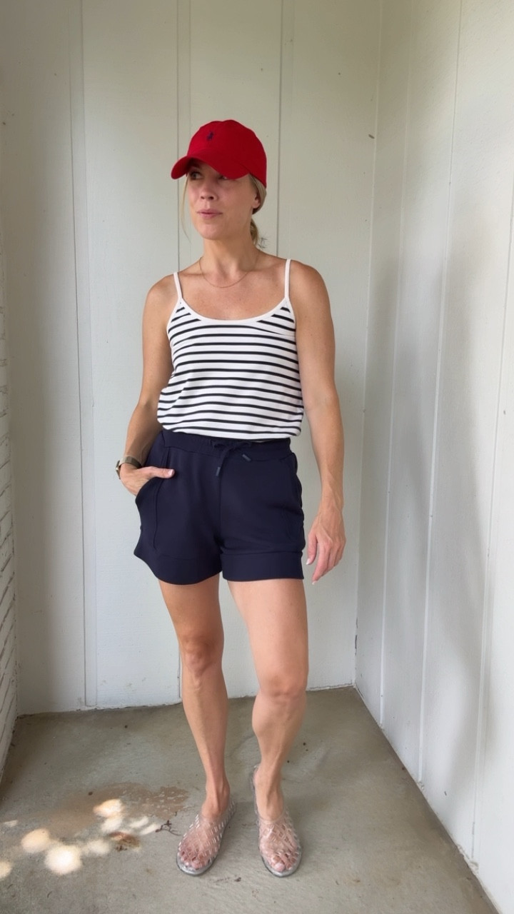 Polo hat, Varley shorts wearing an xs, Kule tank, and Jeffrey Campbell jelly shoes. Size up if between sizes. 

#casual momstyle