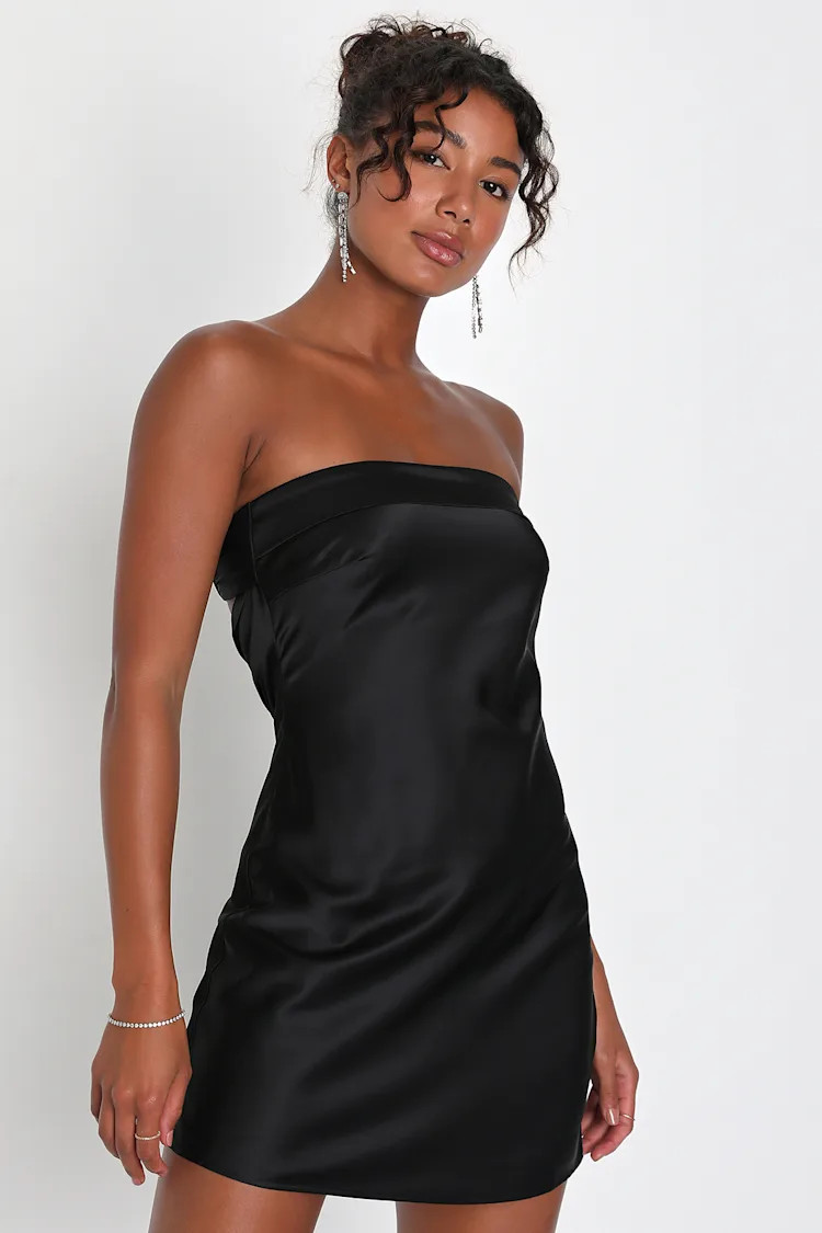 Exquisite Approach Black Satin Strapless Cowl Back Mini Dress Black Dress Outfit Little Black Dress | Lulus