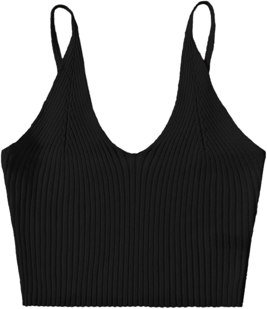 SweatyRocks Women's V Neck Crop Cami Top Ribbed Knit Spaghetti Strap Sleeveless Vest | Amazon (US)