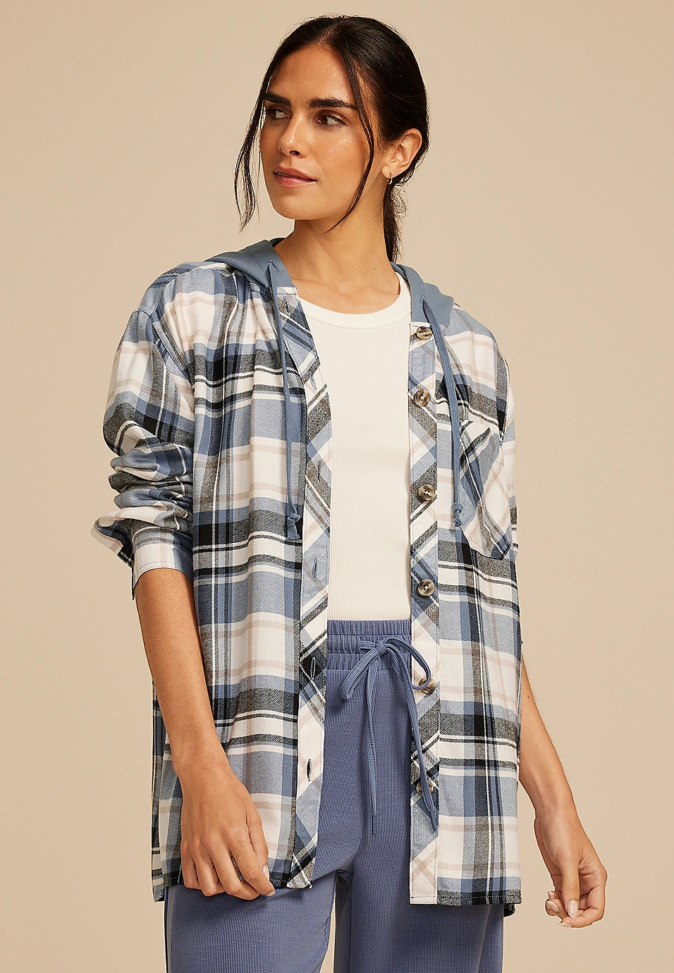Plaid Hooded Boyfriend Button Down Shirt | Maurices