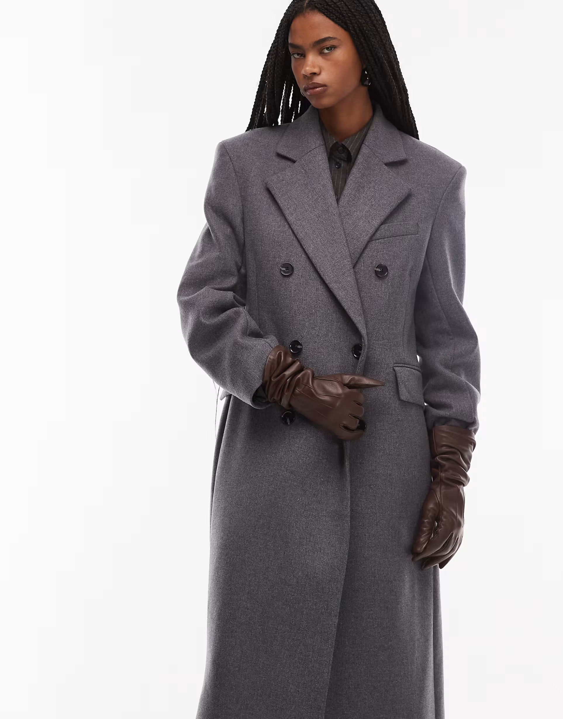 & Other Stories wool double breasted maxi coat with bold shoulder details in gray | ASOS (Global)