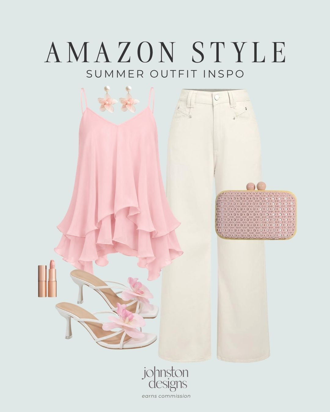 Amazon summer outfit inspo with the prettiest soft pink details 🌸 Love this flowy cami styled with cream denim, floral heels, a pink clutch, statement earrings, and a pretty lip for date night, vacation dinner, brunch, or a summer event.



Amazon, summer outfit inspo, pink cami, cream jeans, floral heels, pink clutch, statement earrings, lipstick, date night look, vacation dinner, brunch style, summer event outfit, feminine fashion, soft colors, dressy casual, affordable style, warm weather outfit, pastel outfit, chic accessories, girls night look 

 #LTKootd
