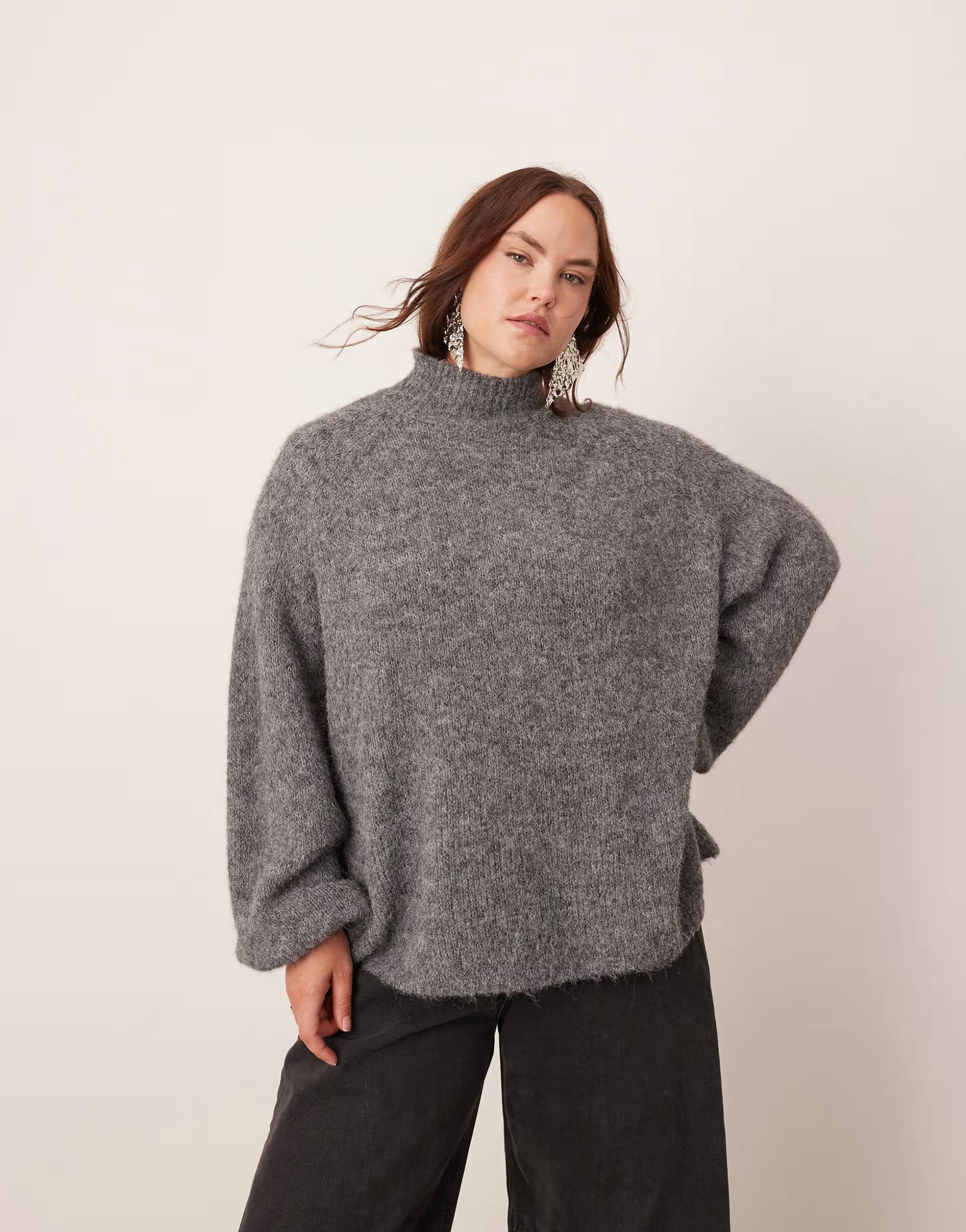 ASOS EDITION Curve knitted oversized high neck jumper in grey marl | ASOS (Global)