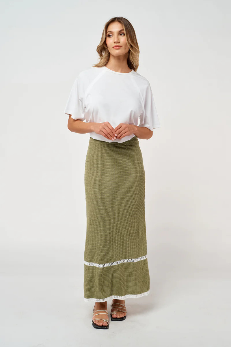Jacqui Knit Midi Skirt - Sage / White | Apero Label