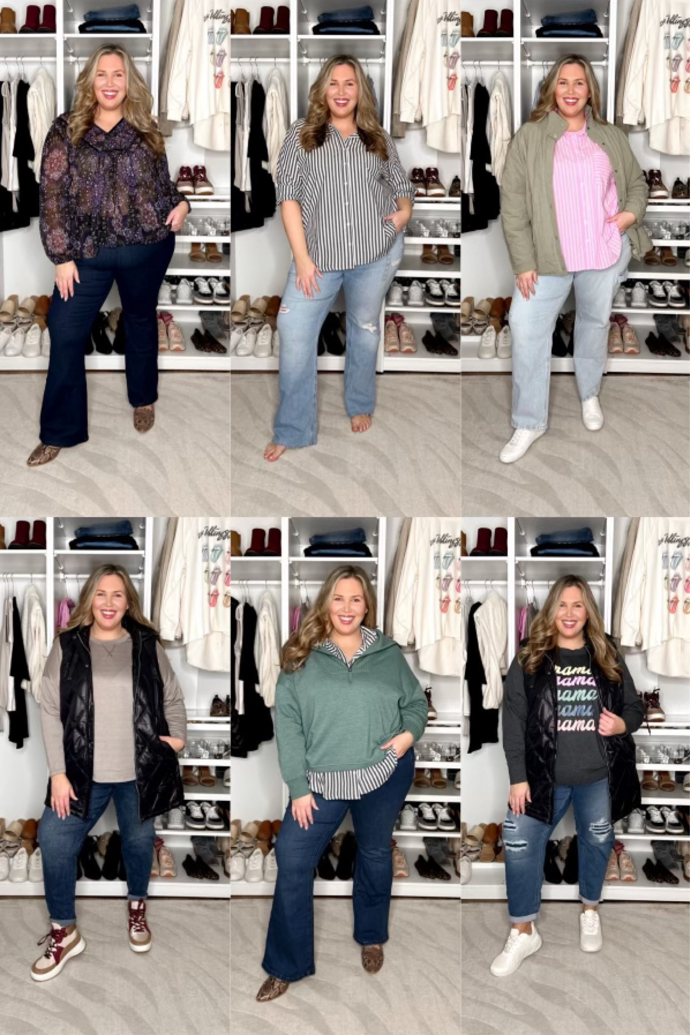 MAURICES AFFORDABLE DENIM HAUL! Which looks most like something you’d wear? 

Look 1: these jeans have a lot of stretch, but not too much. They fit true to size - I'm wearing an 18 in the jeans and a 2X in the top! 

Look 2: these jeans weren't a hit for me. I sized up to a 20 and they fit great in the leg, but still didn't fit right in the waist. Wearing a 2X in the top! 

Look 3: these jeans have good structure while still giving some stretch! I paired with a button down (2X) and jacket (2X) and some white sneakers! 

Look 4: I recommend sizing up 1 in these. I really liked them though! Paired with a super soft long sleeve tee (2X), a vest (2X), and some super cool shoes. 

Look 5: I sized up to a 20 in these flares and LOVED them. I paired with a button down shirt and quarter zip pullover (both 2X) - it was my favorite look of the day! 

Look 6: I got the 18 in these jeans and they were a little snug in the waist but not enough for me to size up. Paired with this super cute Mama sweatshirt (2X), that same vest (2X) and some white sneakers! 

#LTKstyletip #LTKSeasonal #LTKplussize