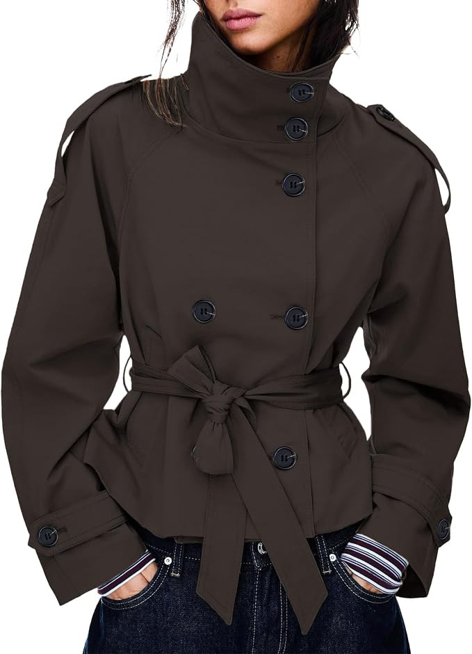 Women's Cropped Trench Coat Double Breasted Short Jacket High Collar Fall Winter Coats Trendy Out... | Amazon (US)