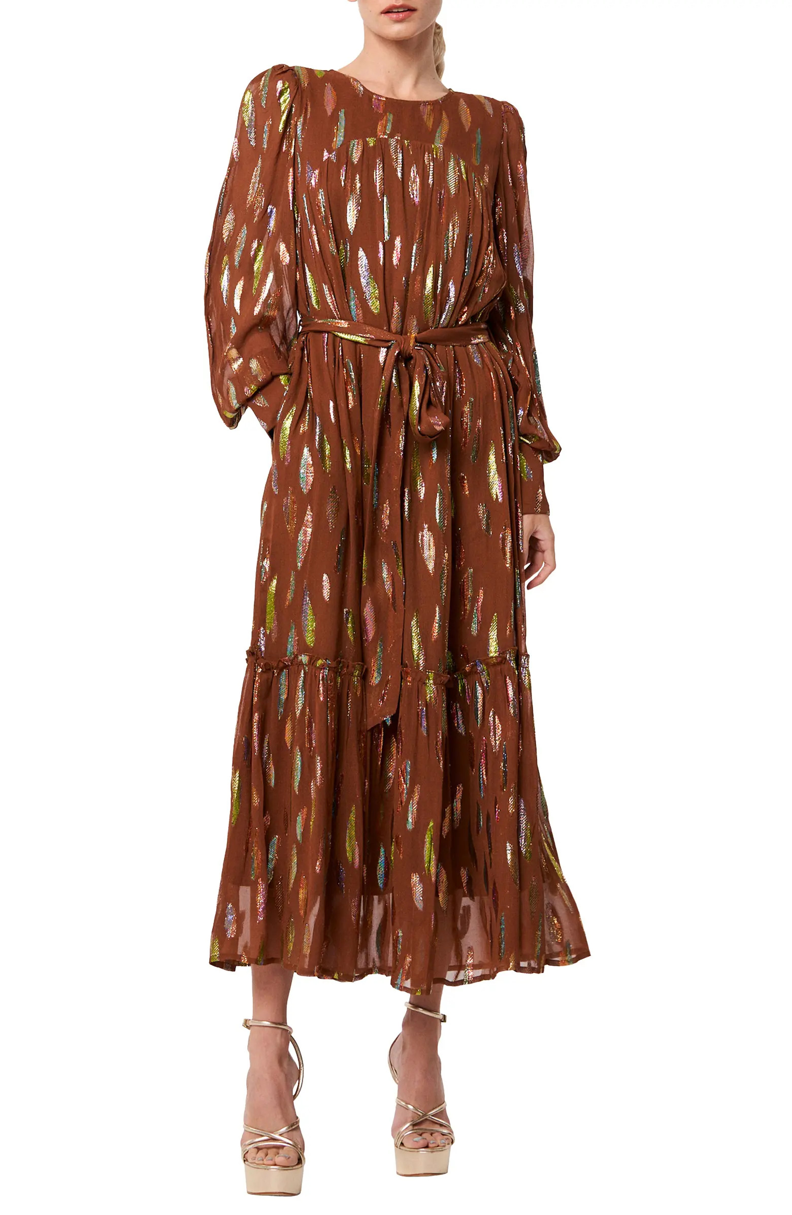 CIEBON Eryn Metallic Print Tie Waist Long Sleeve Maxi Dress | Nordstrom | Nordstrom