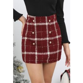 Golden Buttons Red Grid Tweed Mini Skirt | Chicwish