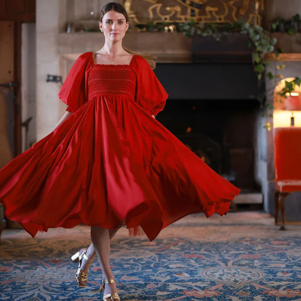 Ella Fitzgerald Women's Dress Crimson Silk-Cotton with Sleigh Bell Hand Smocking | Smock London Ltd