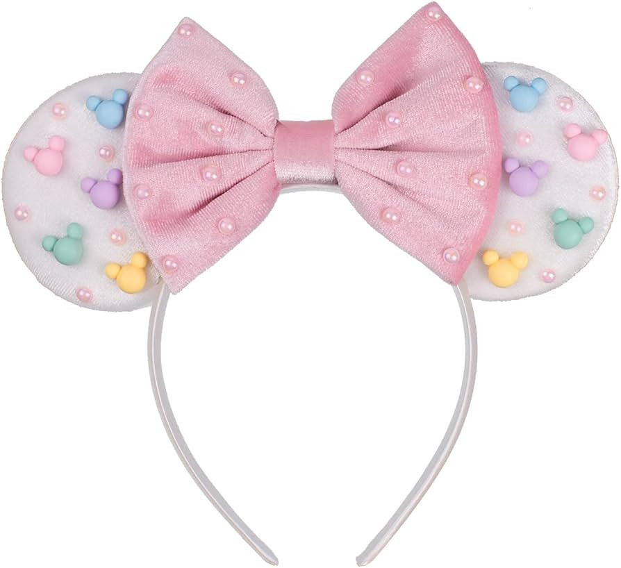 JIAHANG Velvet Mouse Ears Hair Bow Headband with Beadings, Velour Pink Bow Festival Party Decorat... | Amazon (US)