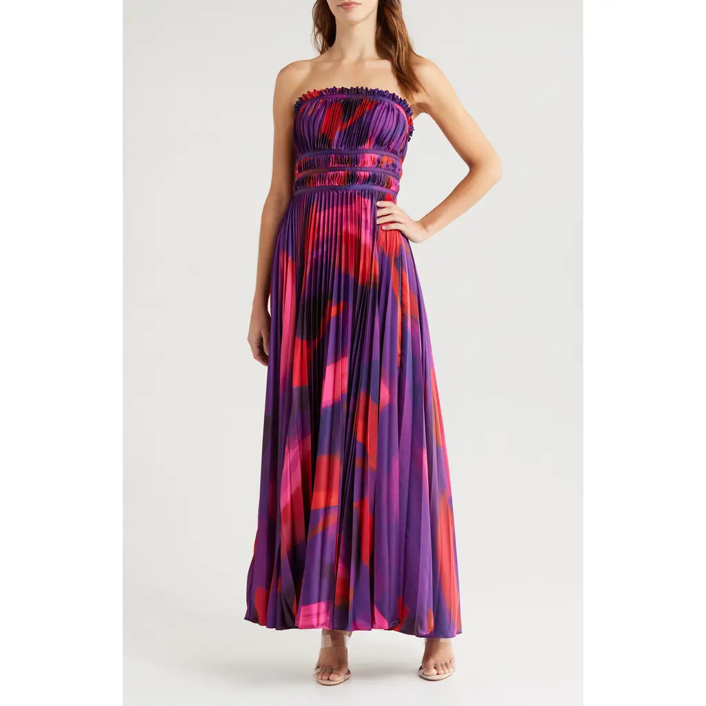 Hutch Sabina Floral Tiered Plissé Gown in Purple Brushstroke at Nordstrom Rack, Size 10 | Nordstrom Rack