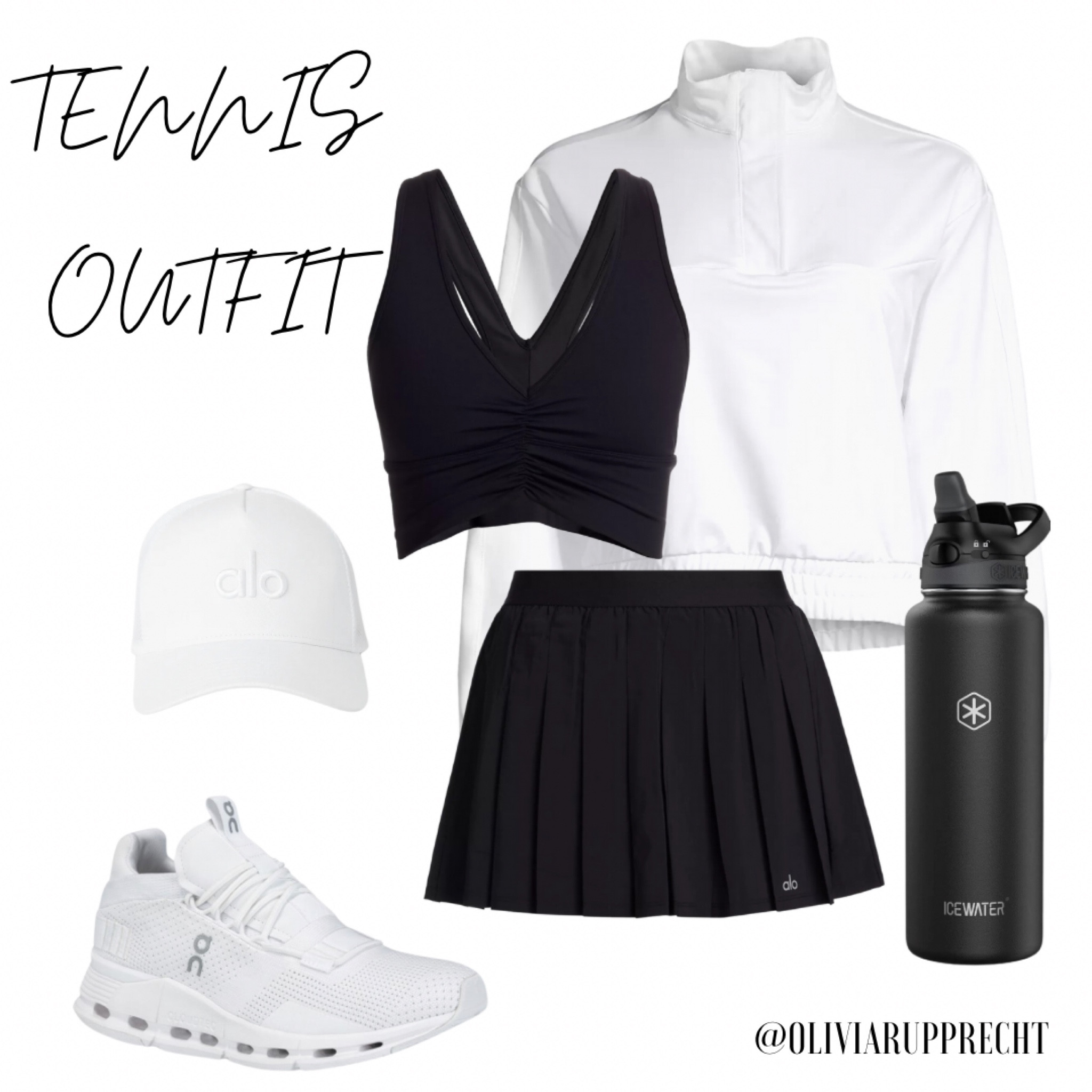 Tennis outfit | jacket | saks | skirt | hat | water bottle | shoes | white | black | sport | 

#LTKfitness #LTKtravel #LTKU
