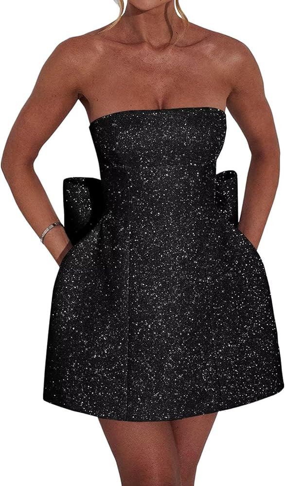TIRAS Short Sparkly Cocktail Dresses with Oversize Bow Back Women's Strapless Homecoming Party Dr... | Amazon (US)