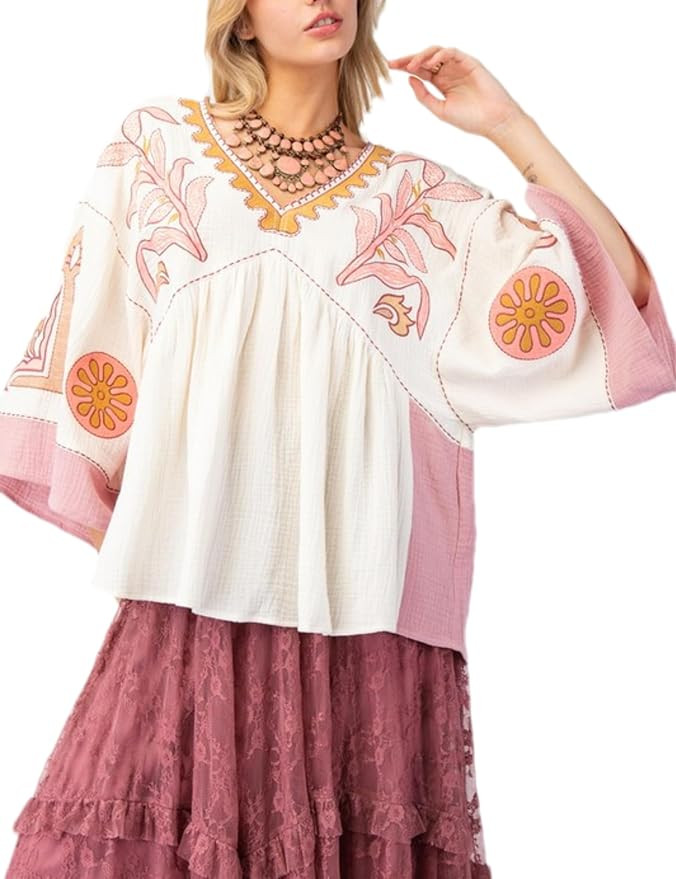 Zontroldy Women's Summer Casual V Neck Wide Sleeve Color Block T-Shirts Loose Fit Boho Peplum Bab... | Amazon (US)