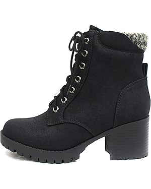 Soda Single Lug Sole Chunky Heel Combat Ankle Boot Lace up w/Side Zipper | Amazon (US)
