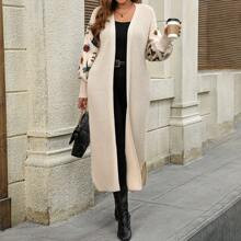 Women's Solid Color Knit V-Neck Plus Size Cardigan With Print, Thick And Suitable For Autumn And Winter, Fits Occasions Such As Halloween, New Year, V | SHEIN