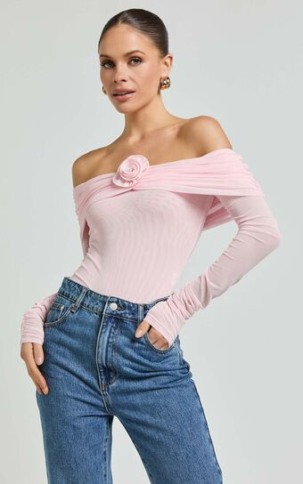 Seraphina Bodysuit - Off Shoulder Long Sleeve Detachable Rosette Mesh Bodysuit in Baby Pink | Showpo (ANZ)