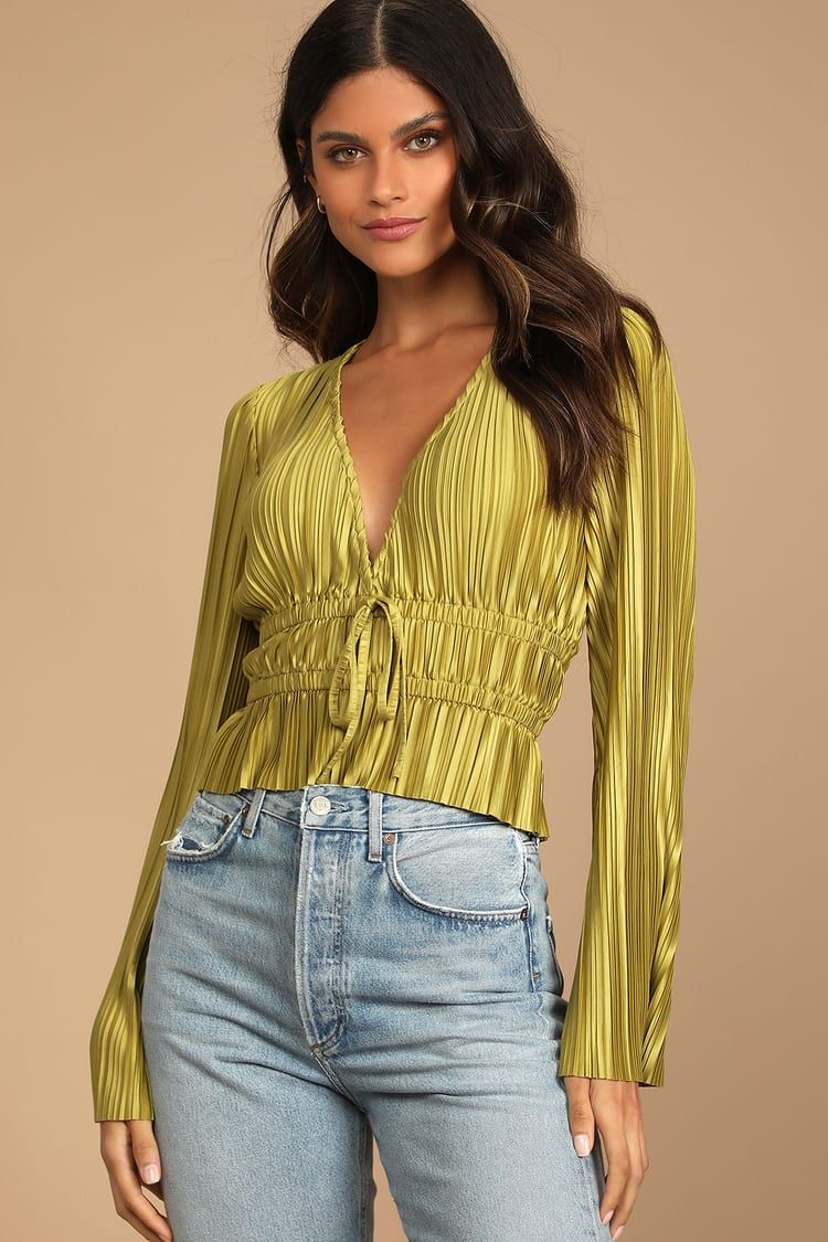 Staying Optimistic Chartreuse Pleated Bell Sleeve Top | Lulus (US)