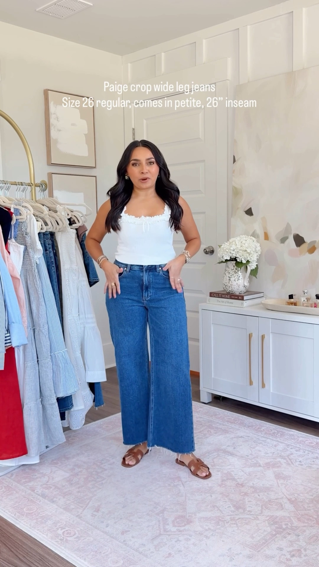 White tank size xxs TTS
Cropped wide leg jeans in color venetian breeze size 26 regular TTS, comes in petite sizing too!
Brown sandals are Hermes, similar linked

#LTKootd #LTKgrwm #LTKPetite