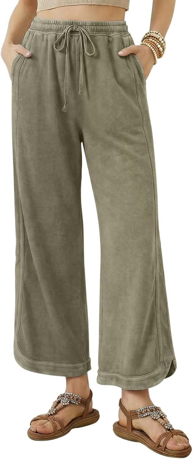 Women's Wide Leg Pants Drawstring Elastic Waist Baggy Lounge Trouser | Amazon (US)