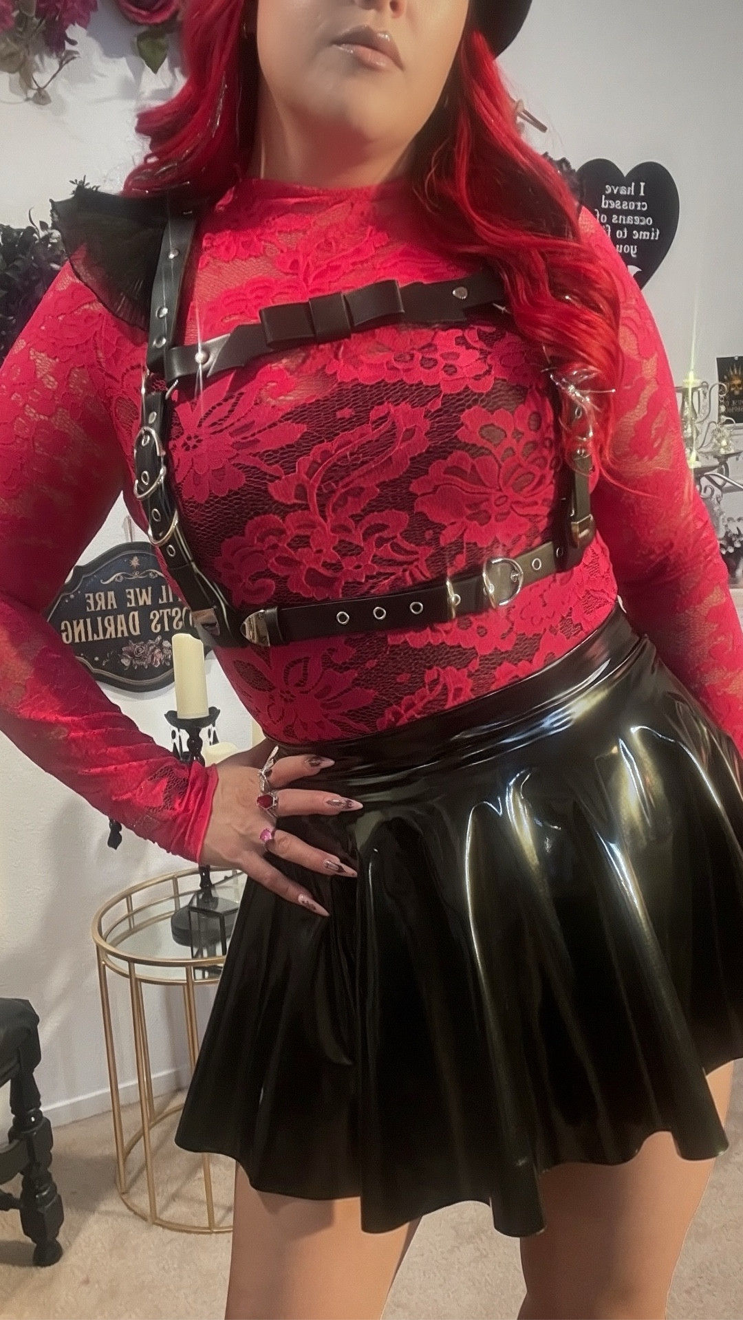 Hot pink lace but make it gothic 🖤

I love mixing romantic textures with darker pieces, and this outfit is the perfect example. The hot pink lace bodysuit adds a feminine pop of color while the black vinyl skirt, harness, and spike heels bring that edgy alternative vibe.

Outfit details:  
🖤 Foxblood harness  
🖤 Steve Madden spike heels  
🖤 Betsey Johnson purse  
🖤 Black vinyl skirt + hot pink lace bodysuit  

Alternative fashion is all about contrast—soft lace paired with vinyl, spikes, and statement accessories for that dark feminine energy.

Shop the look linked here on LTK.

#LTKStyle #AltFashion #GothFashion #AlternativeStyle #DarkFeminine #VinylSkirt #AltOutfit

#LTKootd #LTKgrwm