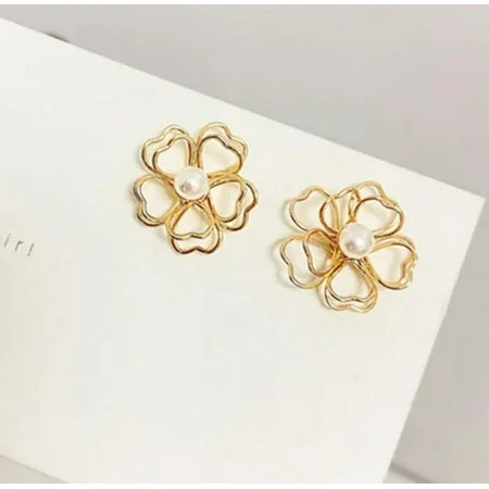 Pierced 1/2 small gold wire heart edge white pearl flower earrings | Walmart (US)