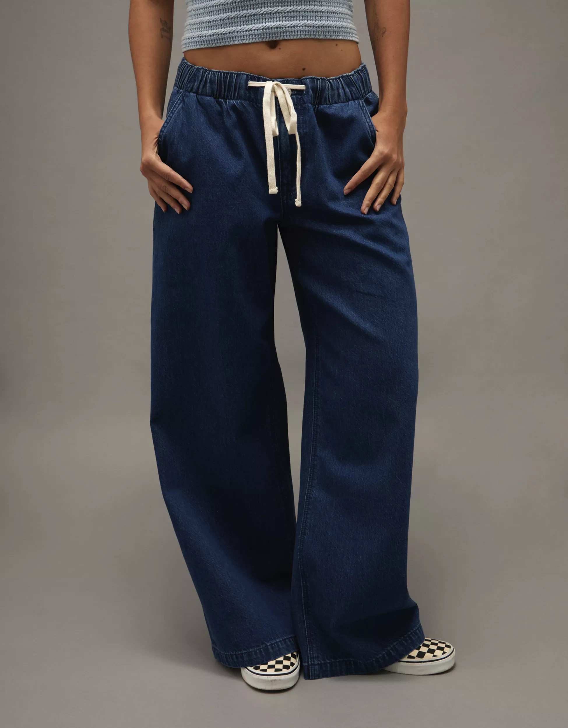 AE Dreamy Drape Strigid Low-Rise Ultra Wide-Leg Jean | American Eagle Outfitters (US & CA)