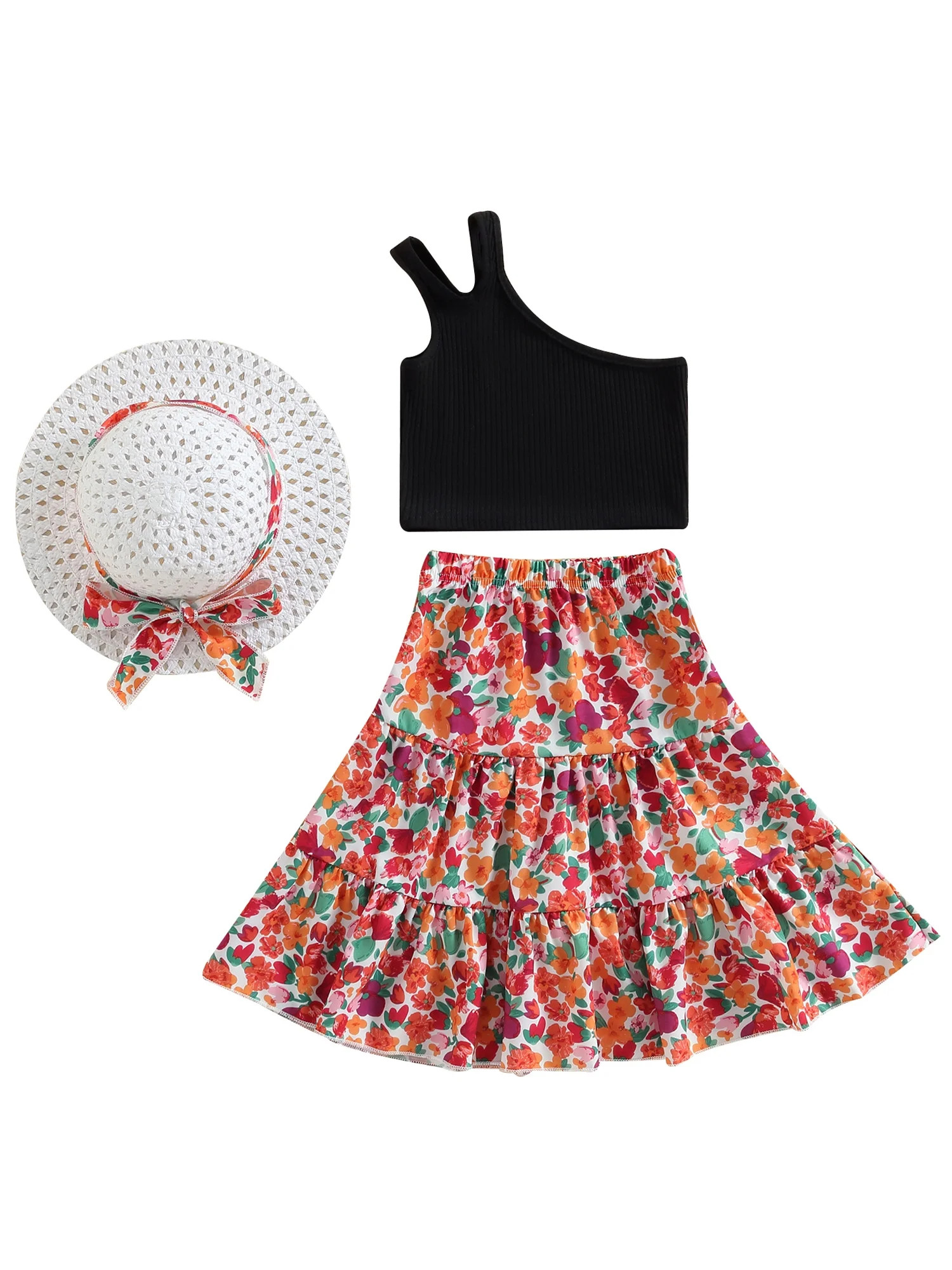 Wallarenear Baby Girl Summer Boho Dress One Shoulder Crop Tops Floral Pleated Skirt with Hat | Walmart (US)