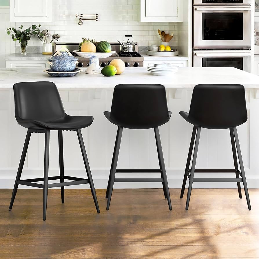 24 inch Counter Stool, Modern Bucket Barstool Set of 3, Barstools with Back and Footrest, Faux Le... | Amazon (US)