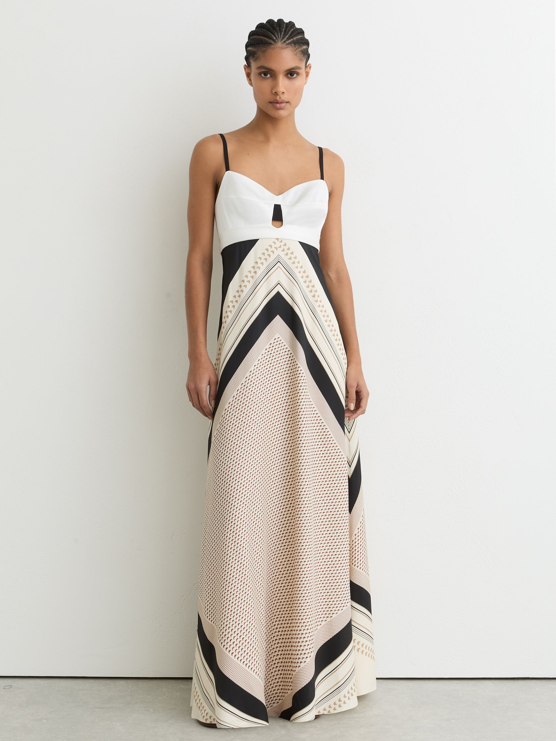 Reiss Scarf-Print Tie-Back Maxi Dress in Ivory/Black - REISS | Reiss UK