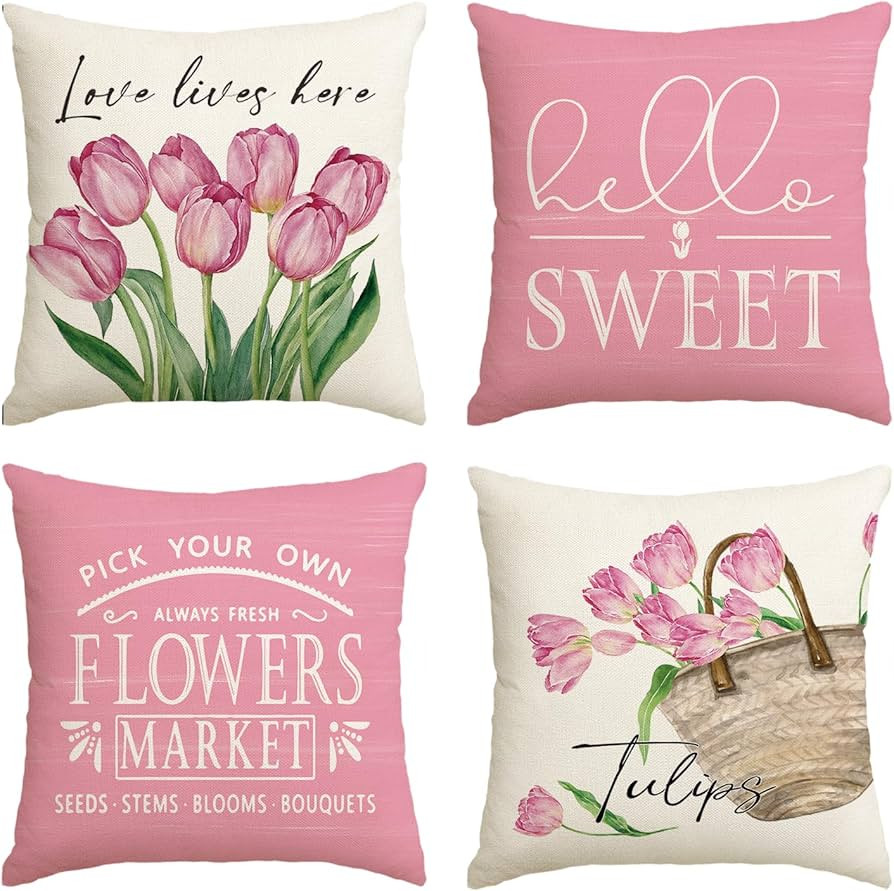 Artoid Mode Tulpen Tulips Korb Hello Sweet Frühling Kissenbezüge 4er Set, 40x40 cm Saisonnal Zi... | Amazon (DE)