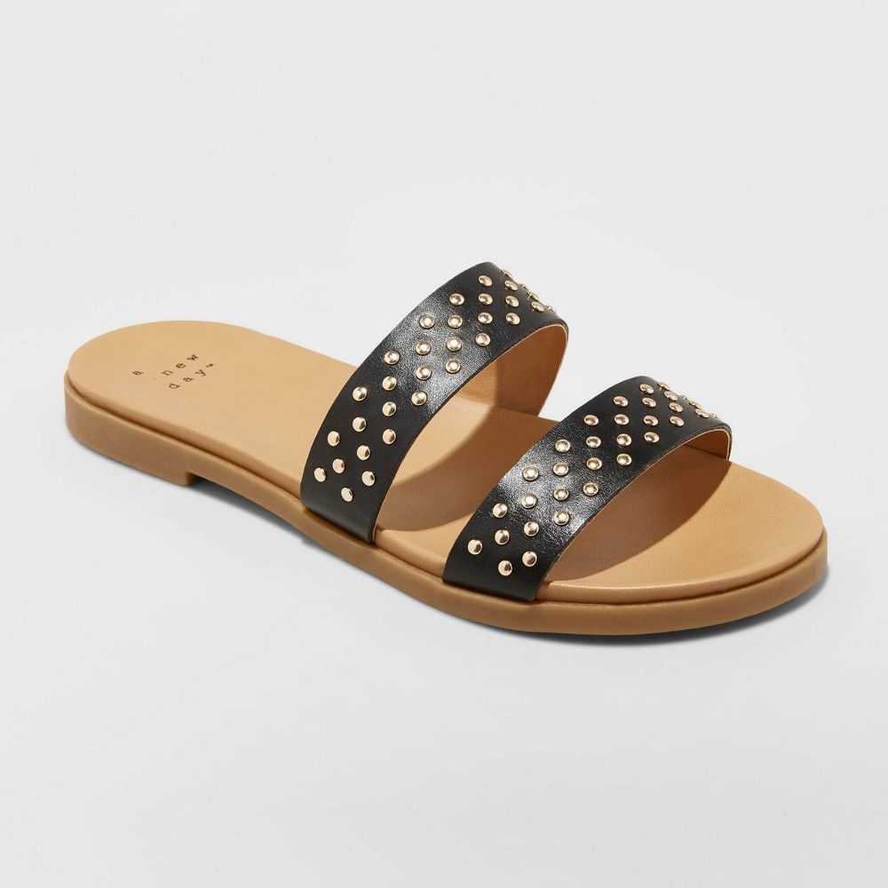 Women's Winnie Two Band Studded Slide Sandals - A New Day Black 9.5 | Target