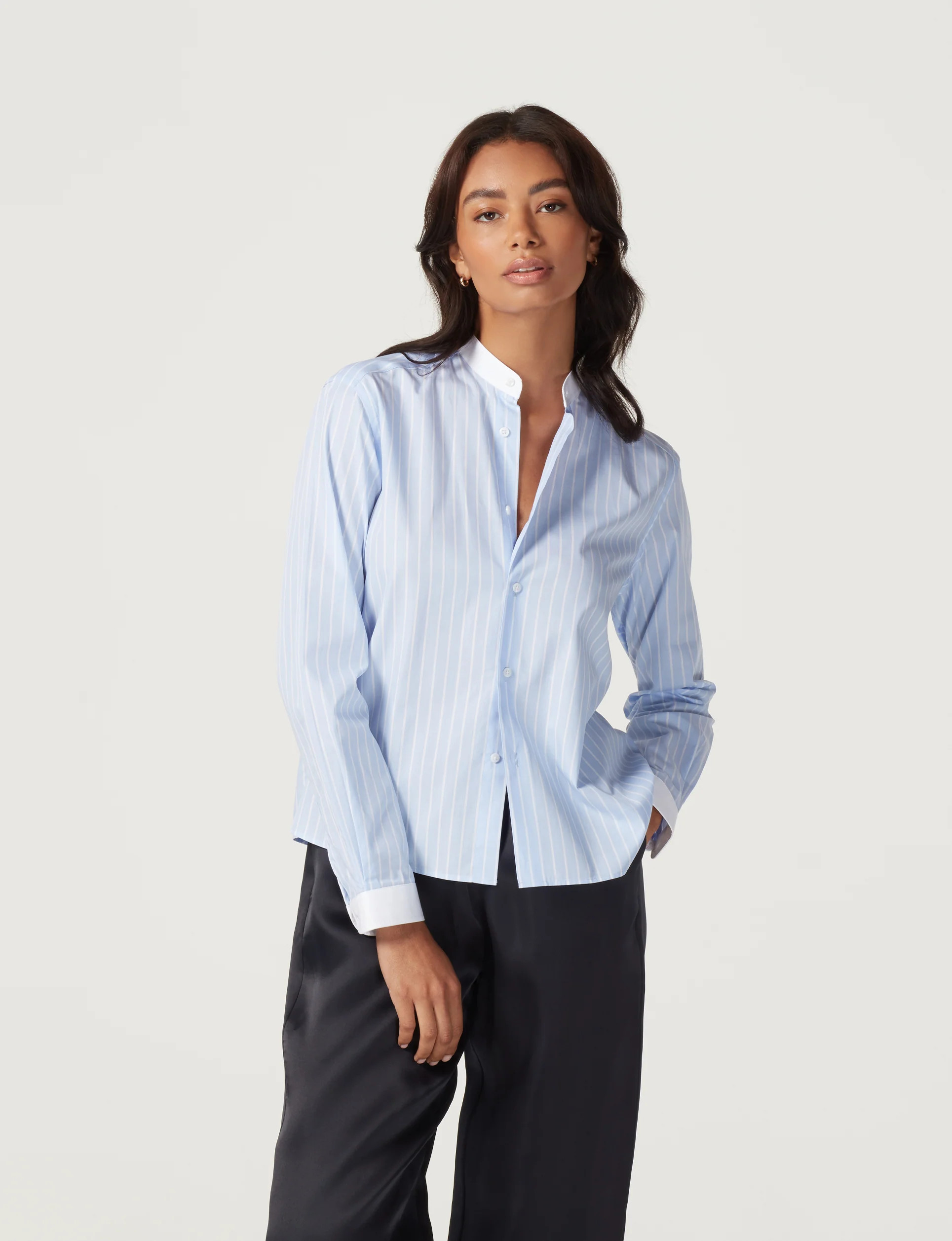 The Girlfriend Collarless Contrast: Poplin, Morning Blue Stripe | With Nothing Underneath