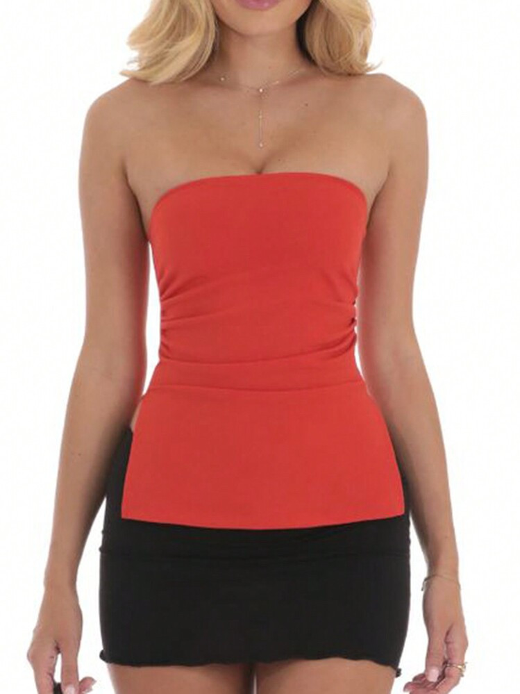 Women's Summer Split Tube Tops Sleeveless Strapless Solid Color Ruched Bandeau Tops Casual Shirts | SHEIN