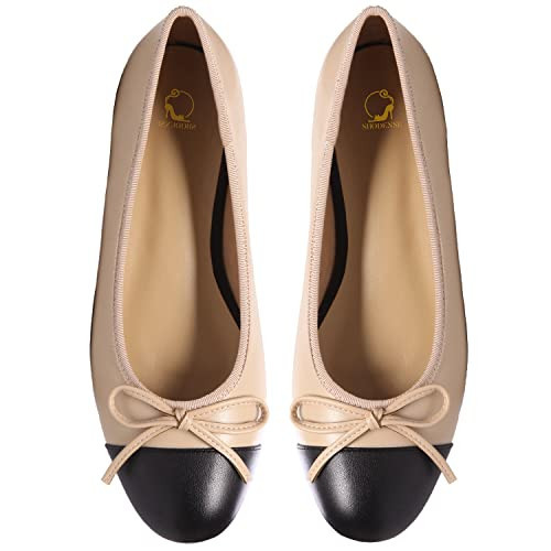 SHODENSE Women Cap Toe Bow Flats Two Tone Slip On Ballet Flats Comfy Closed Round Toe Flats Colorblock Matte Beige 9 M US | Amazon (US)
