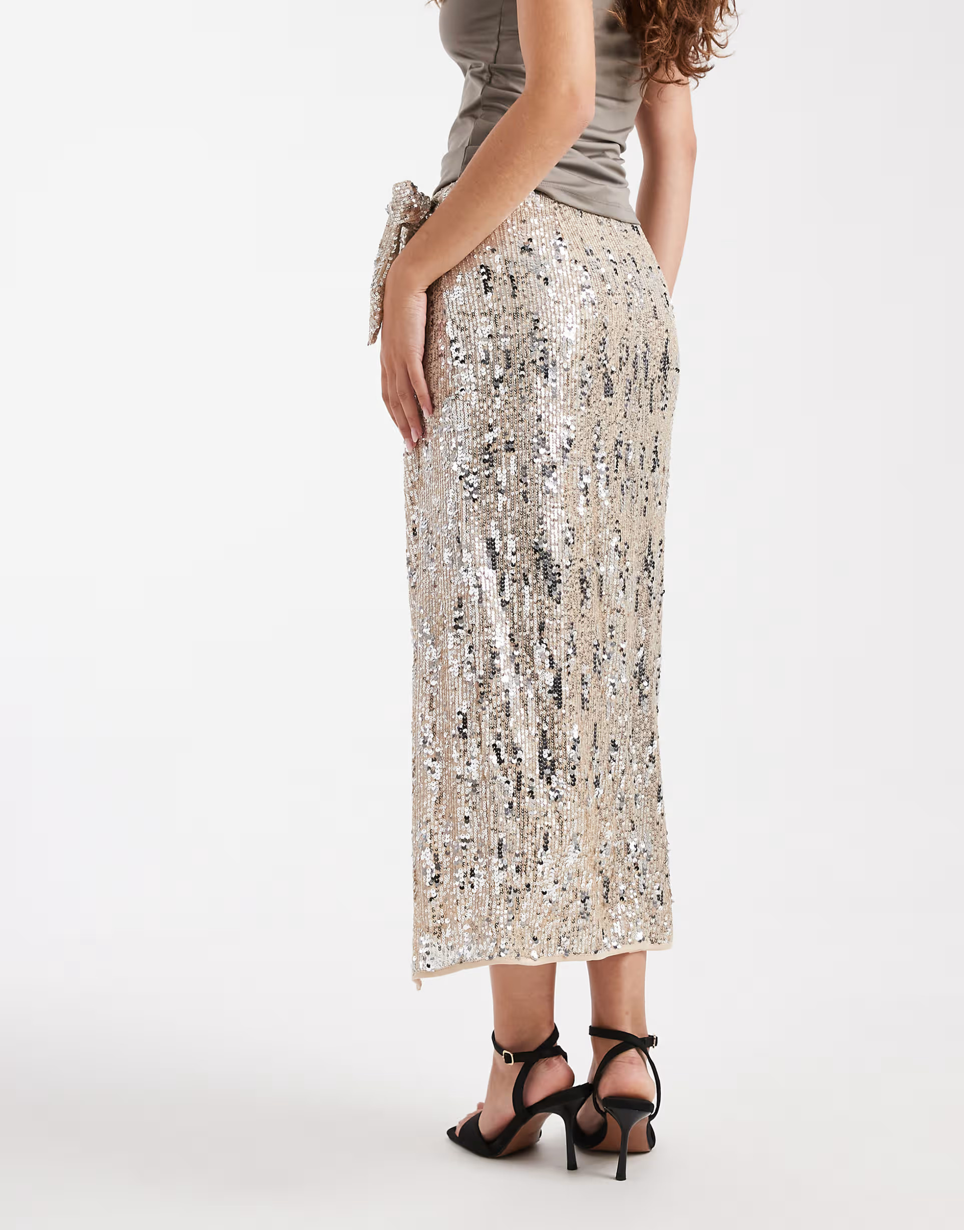 ASOS DESIGN mixed sequin wrap midi skirt in champagne | ASOS (Global)