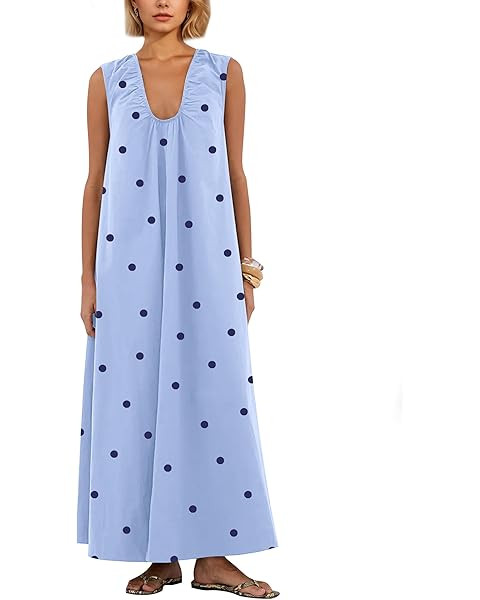Livtany Women's Scoop Neck Ruched Maxi Dress Flowy Swing Wide Straps Long Dress Casual Sleeveless... | Amazon (US)