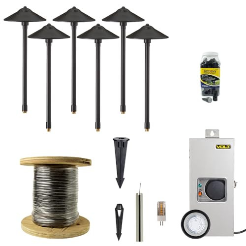 VOLT 12V Brass Max Spread LED Path Light 6-Pack Kit (Black) with 150W Low Voltage Transformer for Landscape Lighting on Outdoor Pathway, Walkway, Garden, Driveway or Patio | Amazon (US)