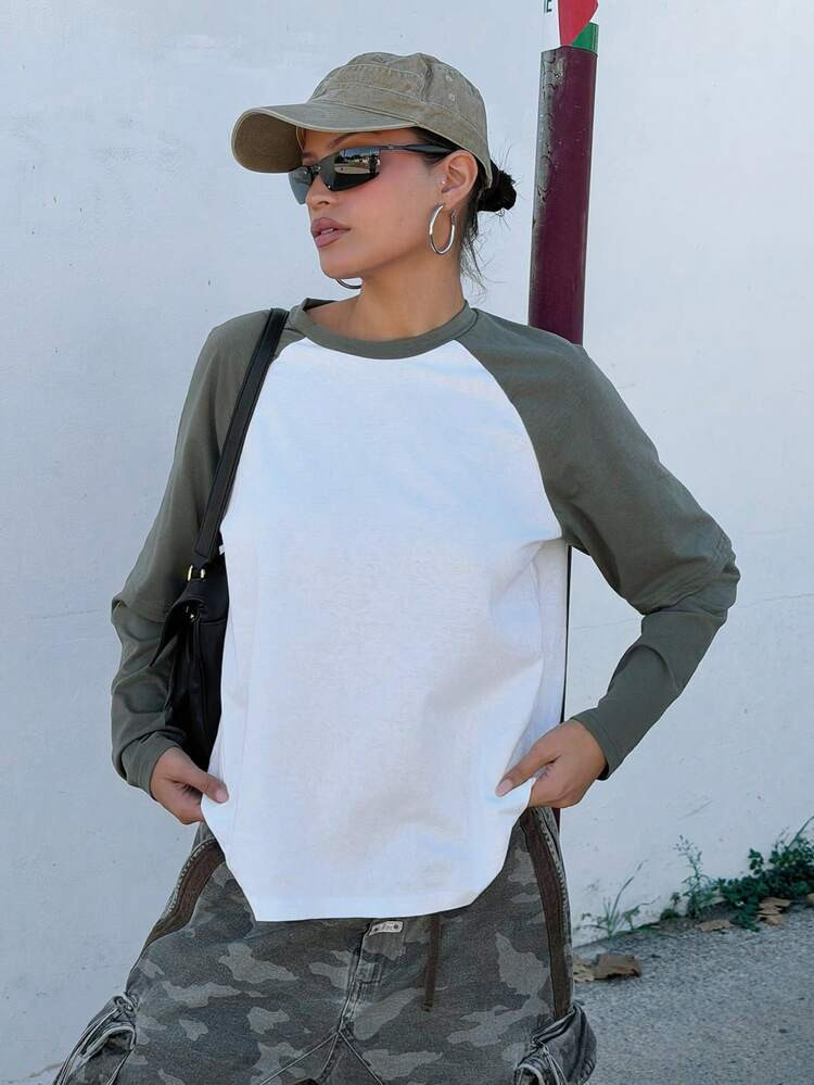 Muchica Women's Casual Fashionable Street Daily Commute Contrast Color Raglan Long Sleeve Loose T... | SHEIN