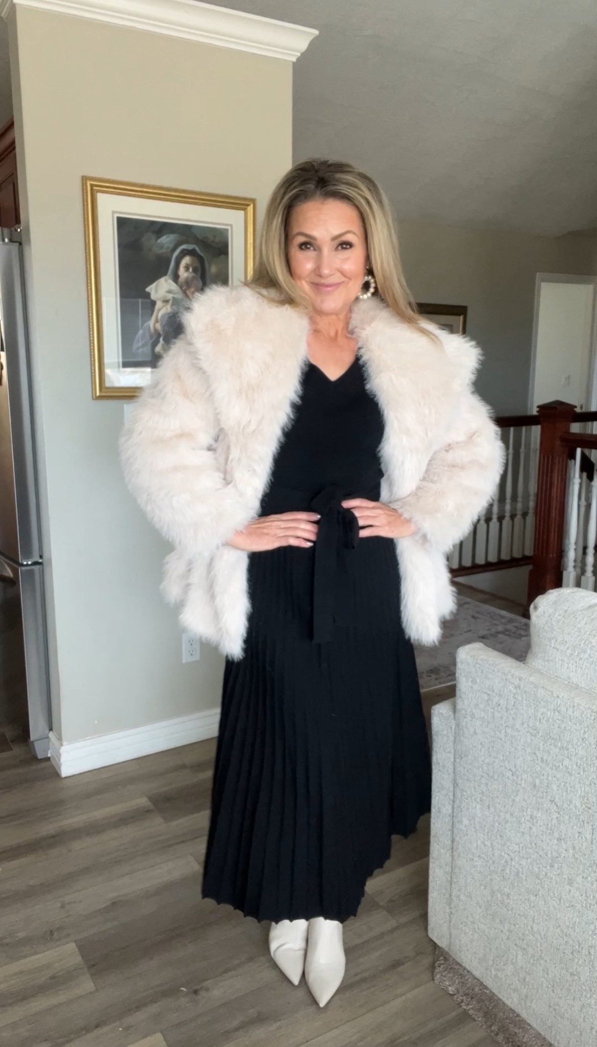 Cindy style black sweater dress with pleats and tie waist wearing sizes M.
Faux fur coat in cream or black, wearing size M, should have stayed with my usual size S.

#FallFashion #WinterFashion #FauxFurCoat

#LTKHoliday #LTKOver40 #LTKSeasonal