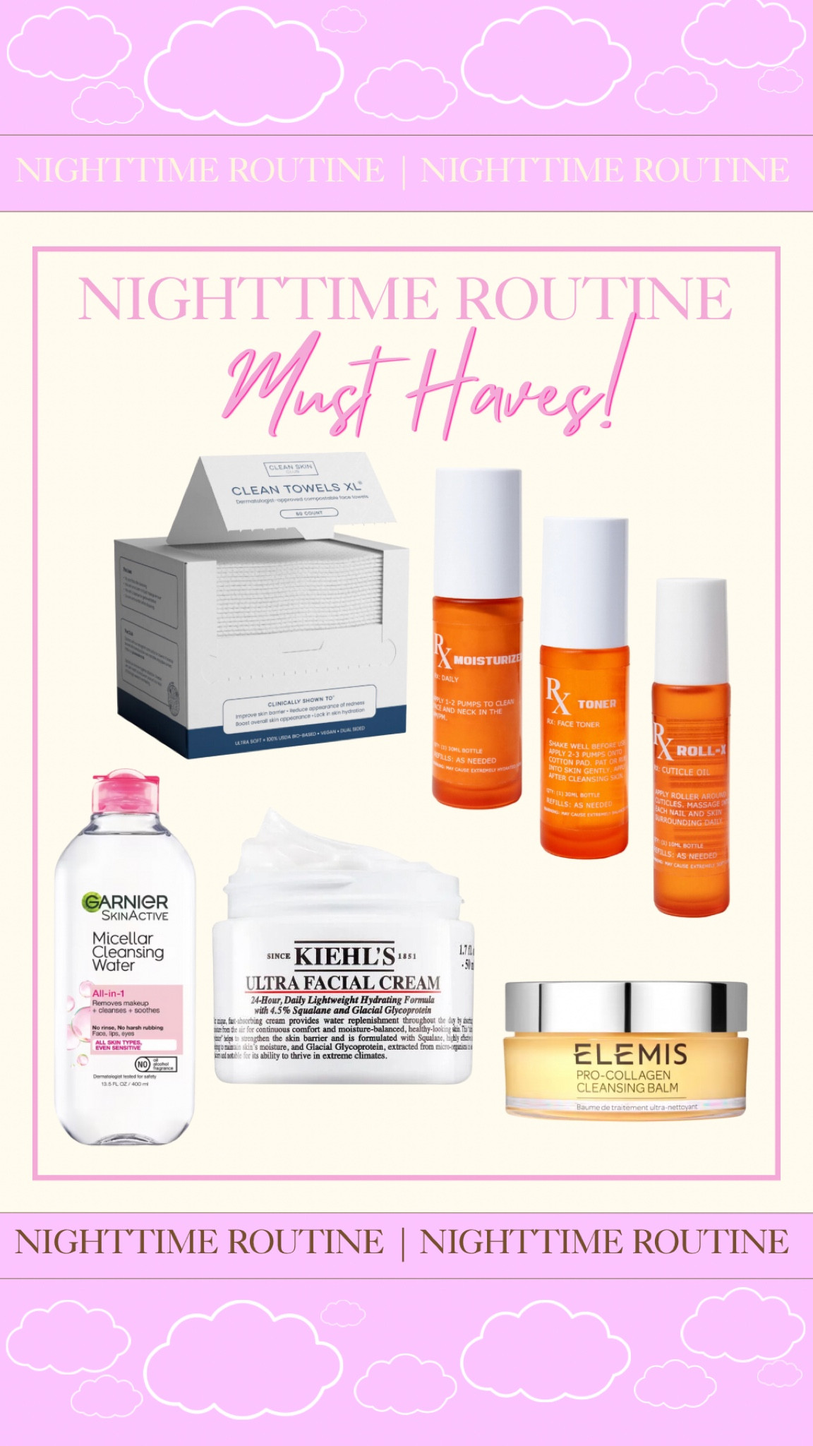 Nighttime routine must haves! My routine is very simple and I definitely realized less is more! But first I wash my face with the Elemis cleansing balm and then I take the micellar cleaning water with my clear skin towels to take off any other residue, next I use a toner from RatedX Skin (buy on the website) + and lastly use moisturizer (either RatedX Skin or Kiehls) and finally use some cuticle oil for some nail love! 

#LTKGiftGuide #LTKFindsUnder50 #LTKBeauty