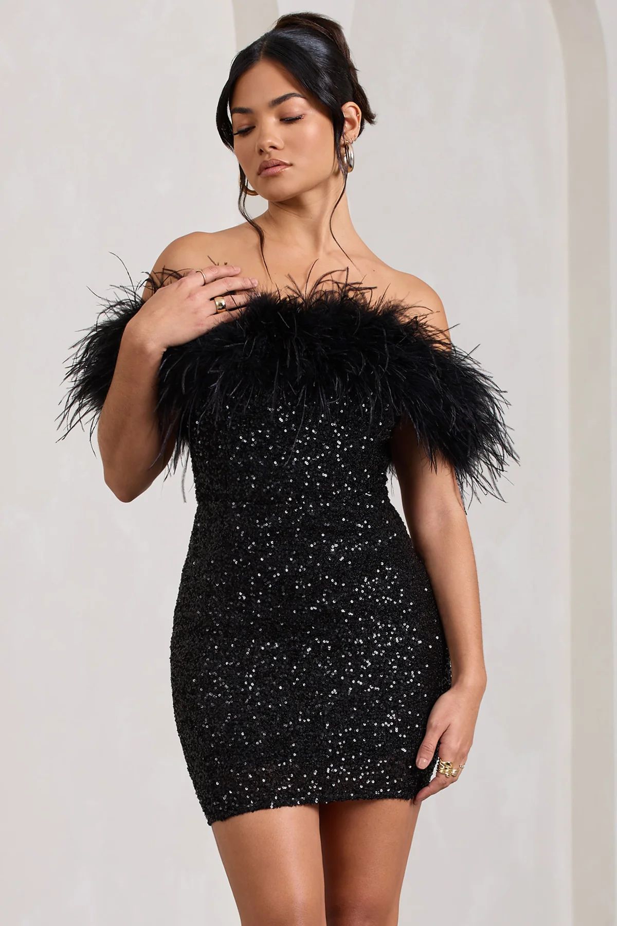 New Money | Black Bodycon Sequin Mini Dress With Feather Trim | Club L London