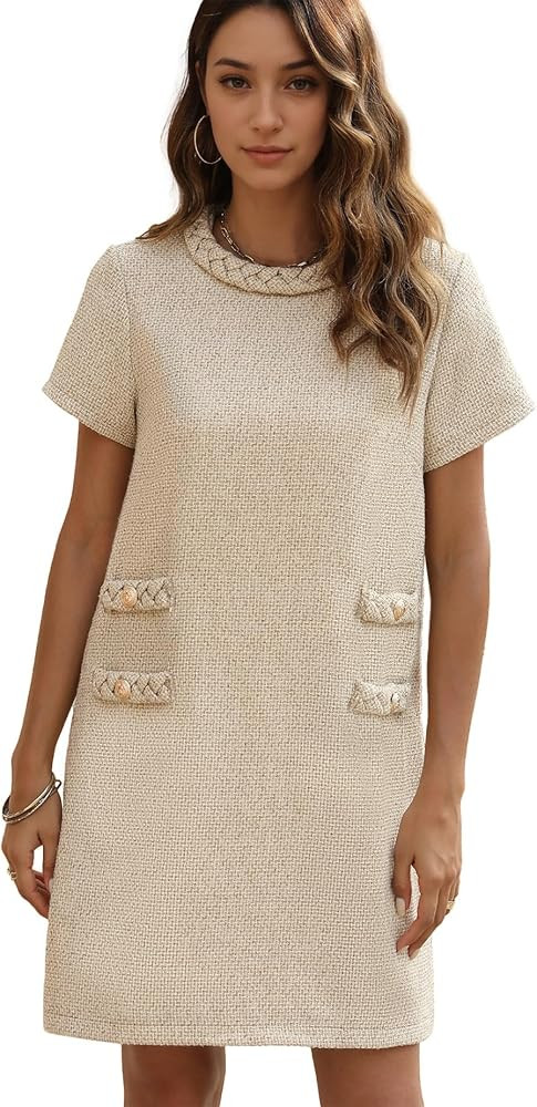 Womens Tweed Jackie Dress Elegant Crew Neck Short Sleeve Button Bodycon Mini Dress | Amazon (US)