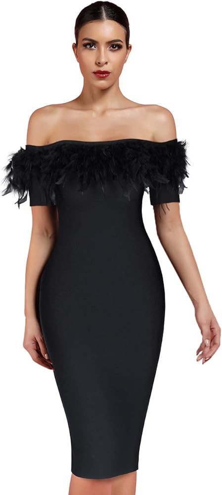 whoinshop Women's Sexy Off Shoulder Feather Bandage Evening Club Party Dress | Amazon (US)