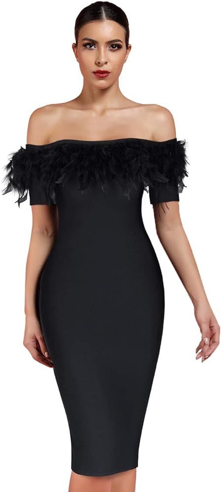 whoinshop Women's Sexy Off Shoulder Feather Bandage Evening Club Party Dress | Amazon (US)